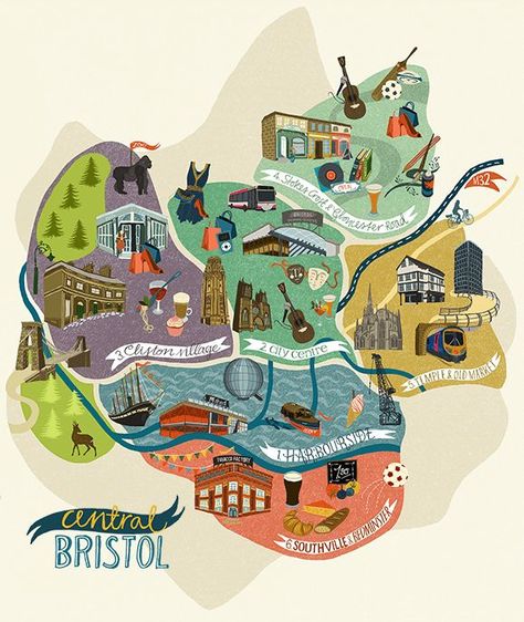 Dawn Cooper - Map of Bristol Districts Bristol Map, Bridge Drawing, Uk Map, Map Inspiration, Illustrated Maps, Bristol England, Into The West, Bristol Uk, Country Maps