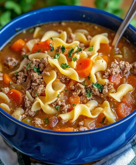 Hamburger Pasta Soup Recipe, Hamburger Noodle Soup Recipe, Hamburger Soup With Pasta, Hamburger Meat Soup Recipes, Hamburger Pasta Soup, Kielbasa Soup Recipes, Easy Beef Soup, Hamburger Noodle Soup, Hamburger Macaroni Soup