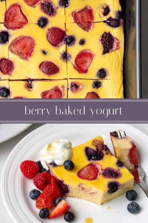 This 6-ingredient berry baked yogurt is gluten-free, high in protein, low in calories, and absolutely delicious. Not only is it easy to make but it’s a kid-approved recipe you can enjoy as a healthy breakfast or sweet snack. Easy Breakfast Berry Yogurt Bake, Low Calorie Berry Desserts, Things To Make With Greek Yogurt Healthy, Berry Yogurt Bake, Baked Yogurt Breakfast, Eggs And Yogurt Breakfast, Baby Yogurt Recipes, High Protein Low Calorie Snack Ideas, Healthy Yogurt Desserts