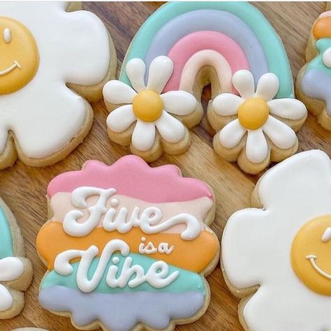 Maison Wells on Instagram: "Cookies by: @stormydaysweets   Can’t deal with these colorful happy cookies!! Too darling!   Cutter used:  Rainbow with 2 daisies" 5 Is A Vibe Cookies, 5 Is A Vibe, 2023 Cookies, Five Is A Vibe, Instagram Cookies, Pool Birthday, Pool Birthday Party, Cookie Decorating, Decorating Ideas