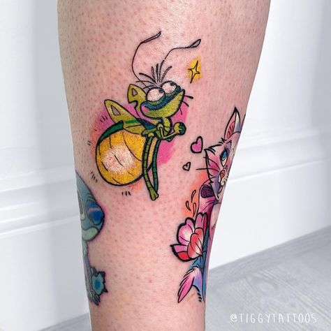 UK Disney Anime Gamer tattoos on Instagram: “Teeny Little Raymond for Catherine last week 😍 And that concludes posting the 4 awesome Disney tattoos I did on that one day - it was a…” Retro Disney Tattoo, Black Tattoos With A Pop Of Color, Rango Tattoo Movie, Disney Cartoon Tattoos, We Bought A Zoo Tattoo, Disney Forearm Tattoo, Elemental Tattoo Pixar, Little Disney Tattoos, Disney Movie Tattoos