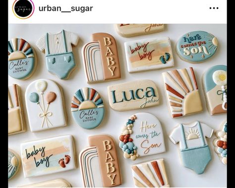 Here Comes The Sun Cookies, Baby Boy Cookies, Babby Shower, Retro Baby Showers, Here Comes The Son, Baby Boy Themes, Cookies Theme, Baby Shower Theme Decorations, Sunshine Baby Showers