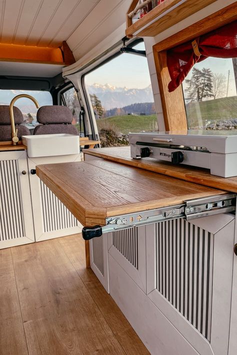 T4 Camper Interior Ideas, Slide Out Table, Camper Table, Ford Transit Conversion, Berlingo Camper, Ford Transit Campervan, Minivan Camper Conversion, Motorhome Conversions, Van Storage