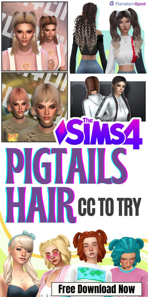 Sims 4 Cc Pigtails With Bangs, Sims 4 Cc Pigtails, Sims 4 Pigtails, Pigtails With Bangs, Some Hairstyles, Pigtails Hair, Braided Pigtails, Half And Half Hair, Two French Braids