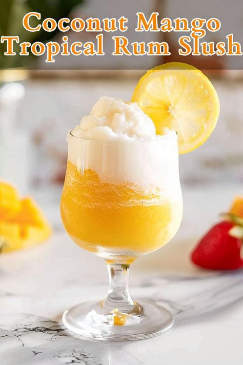 Dive into a tropical paradise with the Coconut Mango Tropical Rum Slush! This refreshing frozen drink combines the exotic flavors of mango, peach, and strawberry with creamy coconut and a splash of rum. Summer Rum Cocktails, Dark Rum Cocktails, Rum Cocktails Easy, Coconut Rum Drinks, Cocktails To Make At Home, Rum Cocktail Recipes, Frozen Drink, Rum Cocktails, Rum Drinks