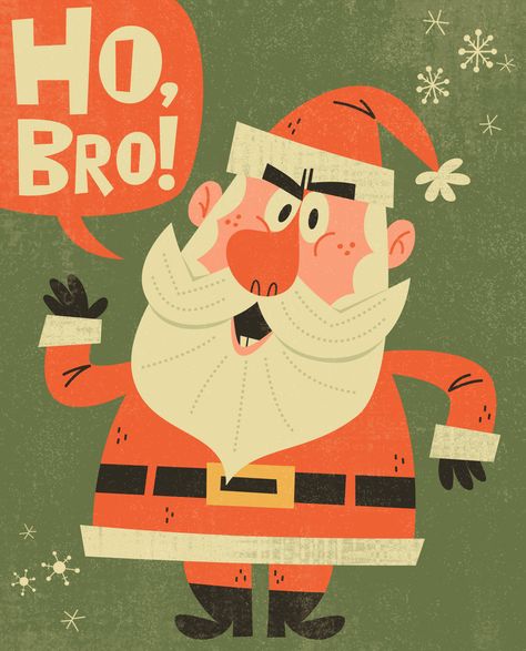 Derek Yaniger, Hipster Santa, Santa Cartoon, Green Santa, Drawing Cartoon Characters, Tshirt Design Inspiration, Booth Display, Winter Art, Retro Illustration