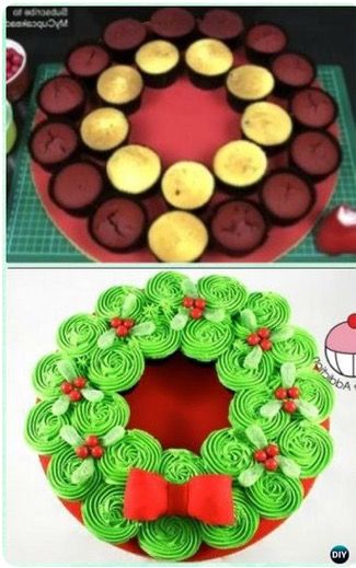 Corona navideña Christmas Pull Apart, Christmas Cupcake Cake, Easy Christmas Cupcakes, Pull Apart Cupcake, Cupcakes Design, Cupcake Christmas, Cake Design Ideas, Pull Apart Cupcake Cake, Pull Apart Cake