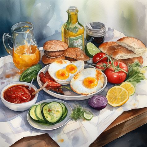 A breakfast staple consisting of eggs, tomatoes, tea and cucumber Breakfast Watercolor, Breakfast Drawing, Turkish Breakfast, Food Illustration Art, Breakfast Plate, Food Table, Turkish Recipes, City Design, Dreamy Art