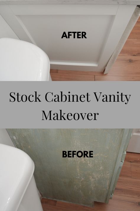 Diy Bathroom Trim Ideas, Builder Grade Bathroom Cabinet Makeover, Stock Bathroom Vanity, Diy Bathroom Vanity Using Stock Cabinets, Builders Grade Vanity Makeover, End Of Cabinet Trim, Refurbished Bathroom Cabinets, Trim On Side Of Cabinets, How To Paint Builder Grade Cabinets