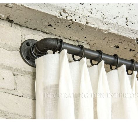 Industrial Window Treatments, Basement Window Curtains, Industrial Curtain Rod, Urban Ideas, Farmhouse Window Treatments, Industrial Windows, Cheap Curtains, Basement Windows, Window Treatments Bedroom