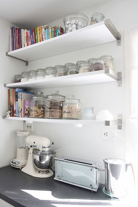 shelves Open Organization, Baking Area, Shelf Pantry, Ikea Ekby, Baking Station, Kitchen Cabinet Organization Ideas, Organizing Kitchen, Bakers Kitchen, Ikea Shelves