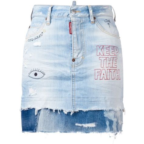 Dsquared2 embroidered distressed denim shirt ($392) ❤ liked on Polyvore featuring blue and dsquared2 Artisanats Denim, Blue Cotton Skirt, Jean Diy, Reworked Clothes, Blue Mini Skirt, Denim Ideas, Distressed Denim Skirt, Zipper Skirt, Button Skirt