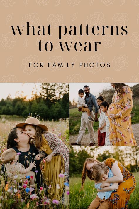 There are lots of great patterns to wear that will look great in family photos, I couldn’t list them all or even think of them all! But here are some of my tried and true favorites. Patterned Dress Family Photos, Mixing Patterns Family Photos, Nerdy Style, Family Portrait Outfits, Bright Floral Dress, Mixed Families, Jean Photography, Fall Family Photo Outfits, Pattern Outfits