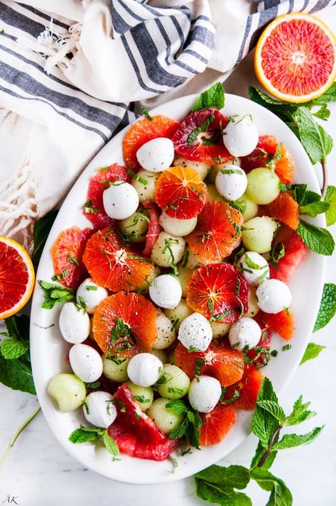 Winter Citrus Melon Caprese Salad | aberdeenskitchen.com #salad #healthyrecipes #recipes #blogging Homemade Champagne, Spinach Puff, Melon Recipes, Zesty Salad, Champagne Vinaigrette, Melon Salad, Citrus Salad, Yummy Meals, Yummy Pasta Recipes