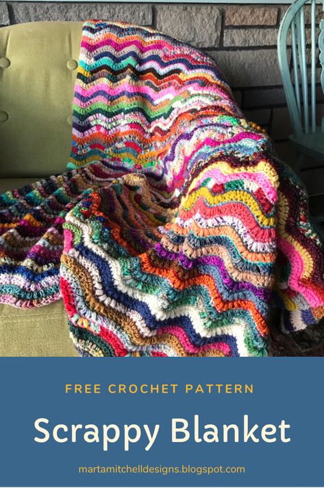 Text: Free Crochet Pattern - Scrappy Blanket.
Image: A very colourful, stripy blanket is draped over a small armchair. Verigated Crochet Blanket Free Pattern, Unique Crochet Blanket Patterns Free, Scrap Yarn Crochet Blanket Pattern Free, Eyelash Yarn Crochet, Afgans Crochet, Scrappy Crochet, Scrappy Blanket, Scrap Afghan, Crochet Blanket Stitch