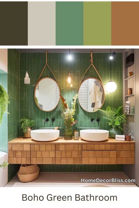 Boho Chic Bathroom: Emerald Green Tiles and Abundant Plant Life Dark Emerald Bathroom, Jungle Bathroom Aesthetic, Green Bathroom Palette, Bold Bathroom Design, Bathroom Emerald Green, Botanical Bathroom Ideas, Boho Chic Bathroom Ideas, Orange And Green Bathroom, Emerald Green Tiles