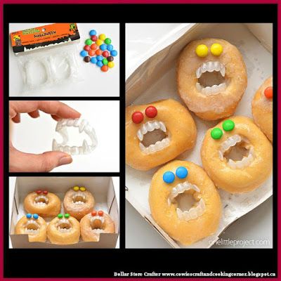 Dollar Store Crafter: Use Dollar Store Dracula Teeth To Make These Spook... Monster Doughnuts, Halloween Potluck, Halloween Torte, Postres Halloween, Halloween Donuts, Dulces Halloween, Halloween Office, Spooky Halloween Party, Incredible Recipes