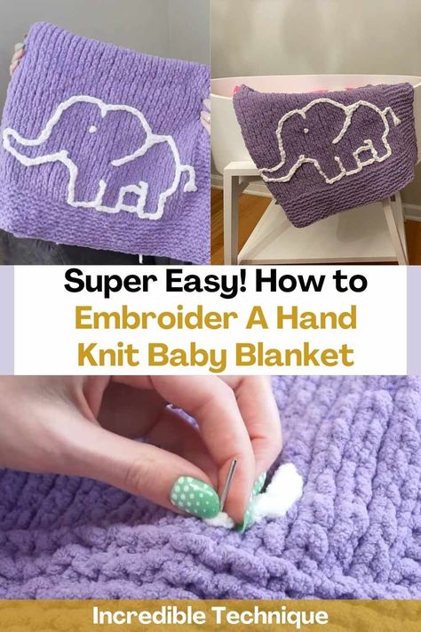 With this video tutorial you will learn how to use the chain stitch embroidery technique to add a design to a hand-knitted baby blanket! The creator of this video chose to hand embroider an elephant on her blanket and instead of yarn, used a contrasting Bernat Baby Blanket yarn color. You can create the design you want with this incredible technique and make your blanket unique. Get creative! Choose the colors that you like the most and begin to make an incredible embroidery on your blanket... Embroidery On Crochet Blanket, Hand Embroidered Blanket, Baby Blanket Embroidery Ideas, Baby Blanket Embroidery, Hand Embroidered Baby Blanket, Hand Knit Baby Blanket, Embroidered Baby Blanket, Knot Blanket, Bernat Baby Blanket Yarn