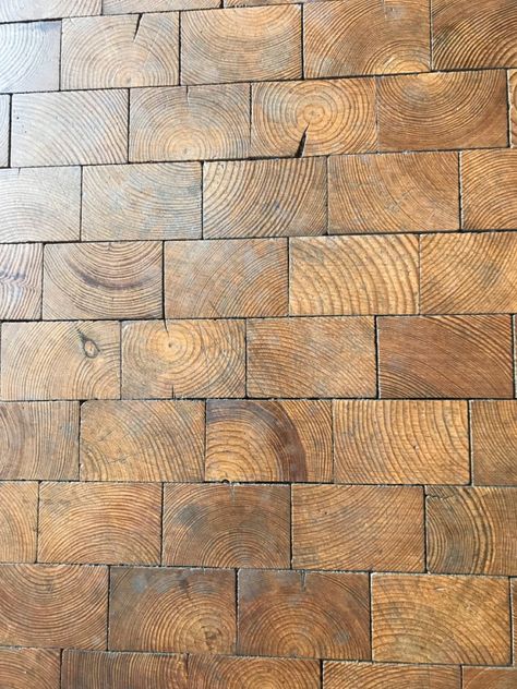 2x4 Ends Flooring, End Grain Wood Wall, 2x4 Flooring, Scrap Wood Flooring Ideas, Wood Brick Wall, 2x4 Flooring End Pieces, 2x4 Floor, Plum Cottage, Wood Block Wall