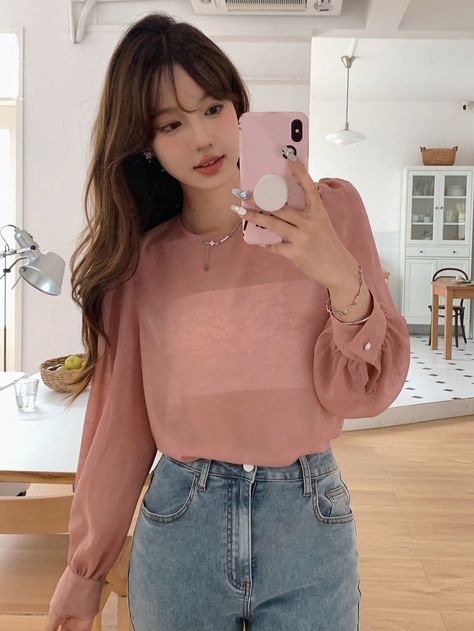 Dusty Pink Casual Collar Long Sleeve Polyester Plain Top Embellished Non-Stretch  Women Clothing Bishop Sleeve Blouse, Plain Tops, Bishop Sleeve, Women Blouses, Button Detail, Dusty Pink, Women Clothing, Sleeve Blouse, Collar