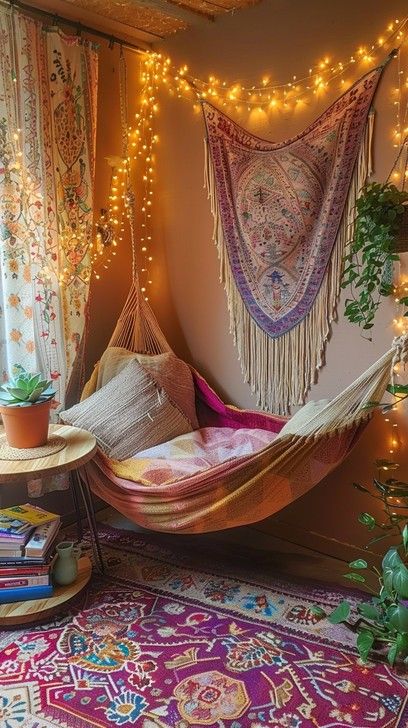 Bohemian Studio Apartment Ideas, Hammock In Room, Bohemian Studio Apartment, Hippie Living Room Decor, Peace Room, Room Hammock, Hammock In Bedroom, Lush Plants, Dream Bedroom Inspiration