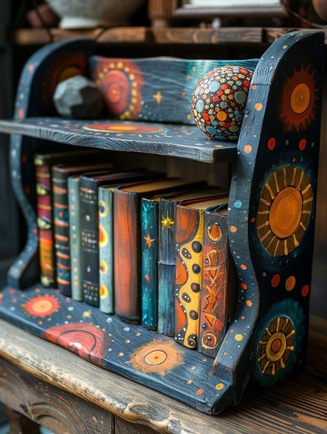 16 Whimsical Painted Furniture Ideas You Can't Ignore - Home Made Graceful Eclectic Painted Table, Painting On Wood Furniture, Artistic Furniture Painting, Shelf Painting Ideas Diy, Paint Shelves Ideas Diy, Painted Chairs Ideas Inspiration, Hand Painted Desk Ideas, Boho Furniture Diy, Decorative Painted Furniture