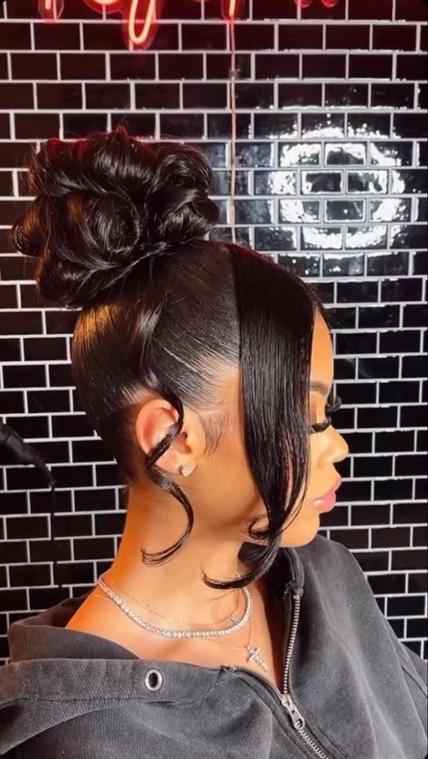 Prom Hairstyles With Natural Hair, High Messy Bun Prom, Bun Updo Black Women, Md Hairstyles Black, Up Styles Black Women, Black Prom Hairstyles Updo, Formal Hair For Black Women, Frontal Bridal Hairstyles, High Bun For Prom