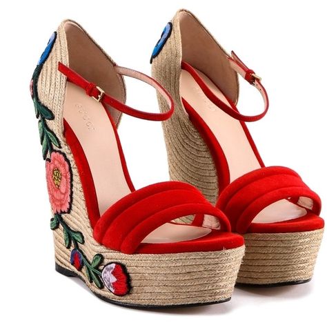 Gucci Embroidered Suede Platform Espadrille Wedges ($600) ❤ liked on Polyvore featuring shoes, sandals, strappy wedge sandals, platform espadrilles, platform sandals, wedge espadrilles and espadrille sandals Red Platform Sandals, Red Wedge Sandals, Red Sandals Heels, Red Wedges, Platform Espadrille Sandals, Strappy Platform Sandals, Shoes Heels Classy, Model Shoes, Sandals Wedge