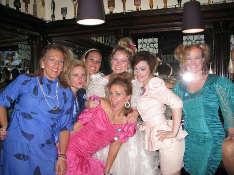 Ugly Dress themed Bachelorette Party - best idea ever. Go to the thrift store and rock out some crazy dresses. Get a terrible 80s wedding dress for the bride. And don't forget to load on the makeup and crimp your hair! Prom Bachelorette Party, Goodwill Dress Bachelorette Party, Thrift Store Prom Party, Y2k Bridal Party, Tacky Wedding Party, Op Shop Wedding, Thrift Store Party Theme, Old People Bachelorette Theme, 80s Wedding Dress Bachelorette Party