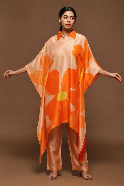 Shop for these amazing collections of Orange Dupion Silk Printed Floral Kaftan Kurta And Pant Set For Women by Clos online at Aza Fashions. Women Kaftan Styles, Parallel Pants, Kaftan Styles For Ladies, Orange Kaftan, Kaftan Kurta, Kaftan Pattern, Kaftan Styles, Printed Kaftan, Kurta Patterns