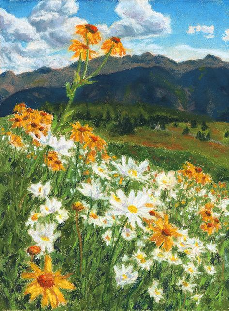 Flower Painting Pastel, Flowers Garden Painting, Paintings Of Wildflowers, Landscape Pastel Paintings, Pretty Landscape Paintings, Chalk Pastel Landscape, How To Paint A Sunflower Field, Mountain Flowers Painting, Mountain And Flowers Painting