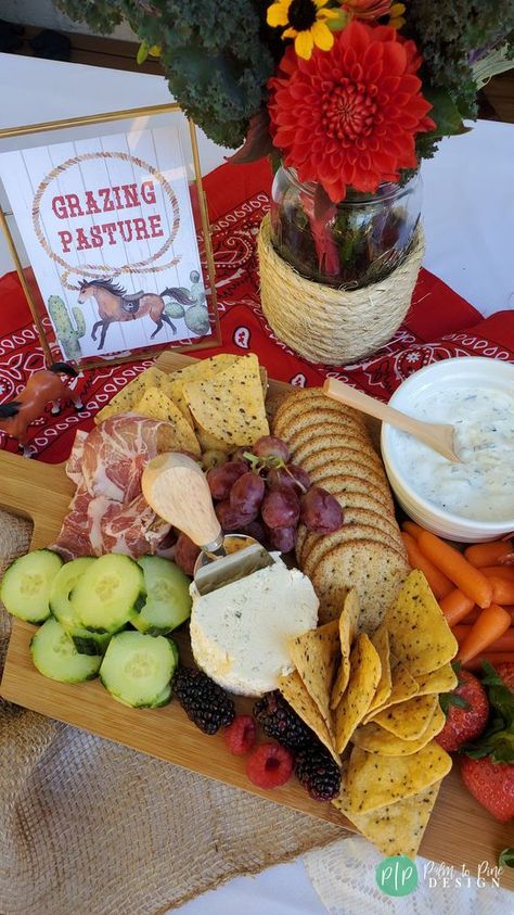 western birthday party food, charcuterie board, grazing pasture, western birthday snacks Wild West Party Theme Adults, Ranch Theme Party Food, Western Party Menu Food Ideas, Western Theme Party Appetizers, Western Birthday Games, Wild West Party Food Ideas, Western Party Appetizers, Cowboy Theme Charcuterie Board, Dude Ranch Party Ideas