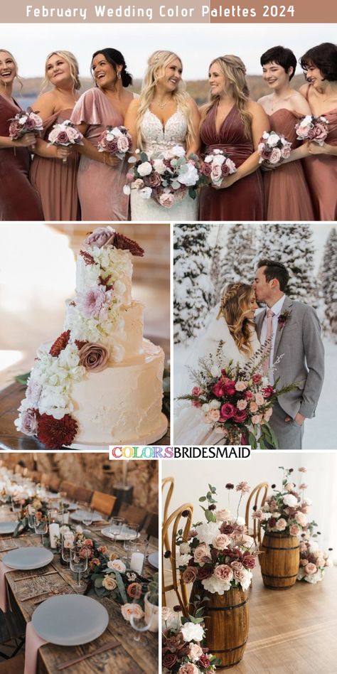 All 30+ Winter Wedding Color Palettes - ColorsBridesmaid February Wedding Bridesmaids Dresses, Dusty Rose Winter Wedding, Dusty Rose And Terracotta, Dusty Rose Corsage, Rose Corsage Wedding, February Wedding Colors, Grey Groom Suit, January Wedding Colors, Ice Blue Bridesmaid Dress