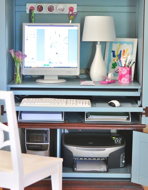 Turn an armoire into a hideaway desk.  Love this from Kate. Centsational Girl. Hideaway Desk, Printer Storage, Armoire Desk, Computer Armoire, Armoire Makeover, Office Guest Room, Craft Room Office, Diy Desk, A Desk