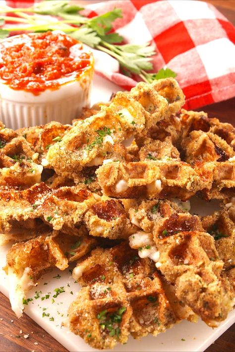 Snacking will never be the same. Breakfast Party Ideas, Resep Makanan Beku, Mozzarella Stick, Waffle Iron Recipes, Waffle Maker Recipes, Iron Recipes, Breakfast Party, Mozzarella Sticks, Waffle Iron