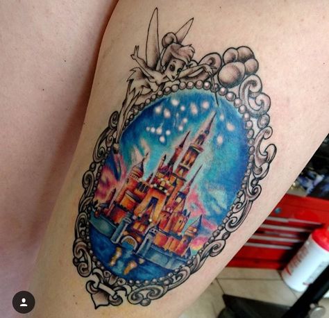 Wdw Walt Disney world Cinderella’s castle with tinker bell tattoo Disney Tattoo Ideas, Disney Castle Tattoo, Enchanted Mirror, Geometric Tattoo Pattern, Disney Sleeve Tattoos, Tattoo Disney, Castle Tattoo, Disney Sleeve, Framed Tattoo