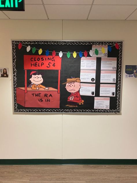 Indiana Jones Bulletin Board, Charlie Brown Ra Bulletin Board, Dorm Room Bulletin Boards, Peanuts Ra Theme, Snoopy Ra Board, Peanuts Bulletin Board Ideas, Snoopy Door Decs, Charlie Brown Bulletin Board Ideas, College Door Decorations