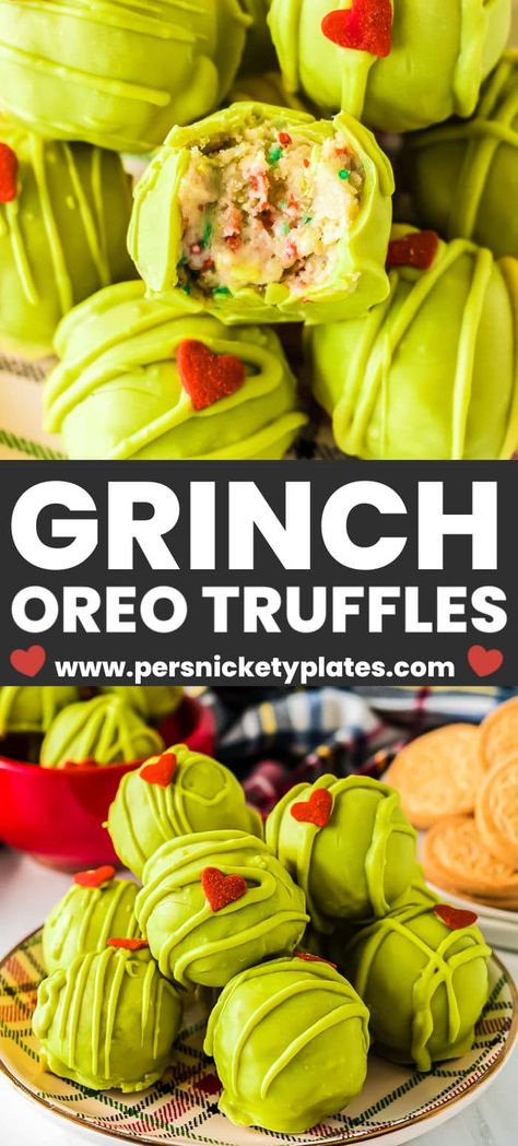 Four ingredient Grinch Oreo Truffles are easily made with golden Oreos, cream cheese, and sprinkles. Dipped in green candy melts and topped with a tiny red heart-shaped sprinkle, this no-bake treat is the perfect addition to your holiday cookie tray! Grinch Truffles, Grinch Goodies, Persnickety Plates, Grinch Ideas, Ball Cookies, Oreo Cheesecake Bites, Mouthwatering Desserts, Oreo Cookie Balls, Themed Recipes