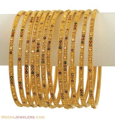 Indian Gold Bangles Set (12 Pcs) - BaSt10022 - 22K Gold Indian Meenakari Bangles (12 pcs set) with filigree patterns and diamond cuts. Bangles Gold Bangles 4 Set, Indian Gold Bangles, Gold Bangles Set, Meenakari Bangles, Plain Gold Bangles, 22k Gold Bangles, Jewellery Bangles, Gold Bangles Indian, Indian Bangles