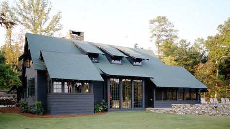 capturing the mood : McALPINE Black Log Cabin, Green Roof House, Black Houses, Lake Houses Exterior, House Beautiful Magazine, Cabin Exterior, Dark House, Roof Colors, House Roof