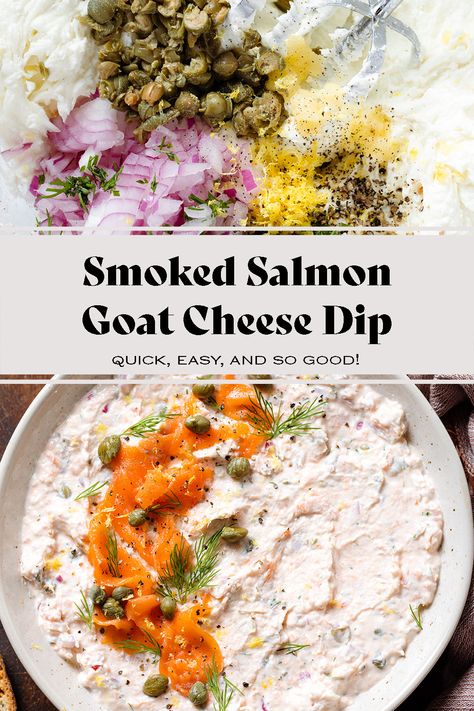 This Smoked Salmon Dip with whipped goat cheese is super easy to make, and flavorful. It's the perfect appetizer or party food served with chips, crackers, toasted bread, or crudités. It's great for get-togethers and game nights but it's also fancy enough to be served at any Christmas or New Year's Eve party! Goat Cheese Salmon, Salmon Goat Cheese, Salmon Salad Sandwich, Canned Salmon Salad, Appetizers Seafood, Salmon Dip Recipes, Smoked Salmon Appetizer, Goat Cheese Dip, Smoked Salmon Bagel