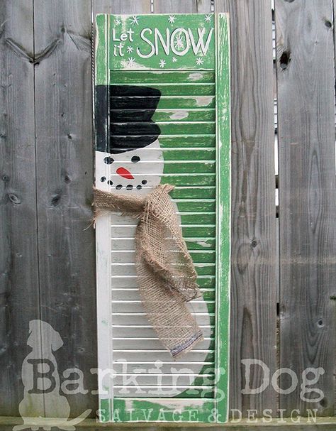 Festive Holiday Snowman Shutter with burlap scarf. Are you interested in my custom designed, hand-painted shutters? Please visit my facebook page and support artists and small, independent businesses ~ Thank you for your support! https://www.facebook.com/BarkingDogSalvageAndDesign Shutter Decorations, Snowman Shutters, Recycled Shutters, Shutter Snowman, Upcycled Shutters, Christmas Shutters, Shutter Ideas, Painting Shutters, Southern Boutique