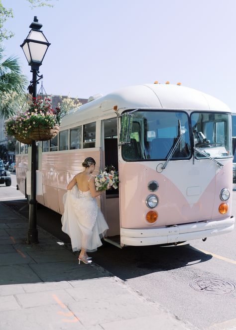 Pink wedding transportation, bride and groom party bus, downtown charleston south carolina Pink Party Bus, Party Bus Wedding, South Carolina Photography, Pink Bus, Lauren Jones, Wedding Transportation, Stunning Wedding Venues, Pink Wedding Theme, Bride Party