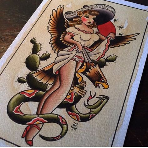 Blonde Traditional Tattoo, Mexican Pinup Tattoos, Mexican Lady Tattoo, Cowgirl Pinup Tattoo, Mexico Inspired Tattoo, Traditional Pinup Tattoo, Traditional Mexican Tattoo, Traditional Tattoo Pin Up, Gemini Vibes