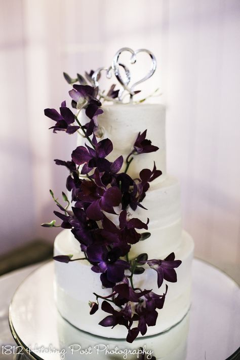 Gorgeous purple plum orchid wrap wedding cake with silver heart topper. Plum Wedding Cake, Three Tiered Cake, Dark Purple Bridesmaid Dresses, Ice Blue Bridesmaid Dress, Dark Purple Wedding, Purple Iris Flowers, Sage Green Wedding Colors, Dusty Pink Bridesmaid Dresses, Purple Wedding Cake