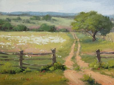 Dirt jeep trail leading down to the banks of the Llano River. Farm Paintings, Landscape Paintings Acrylic, Cottage Art, Seni Cat Air, Landscape Art Painting, Tableau Art, Dirt Road, Paintings I Love, Plein Air Paintings