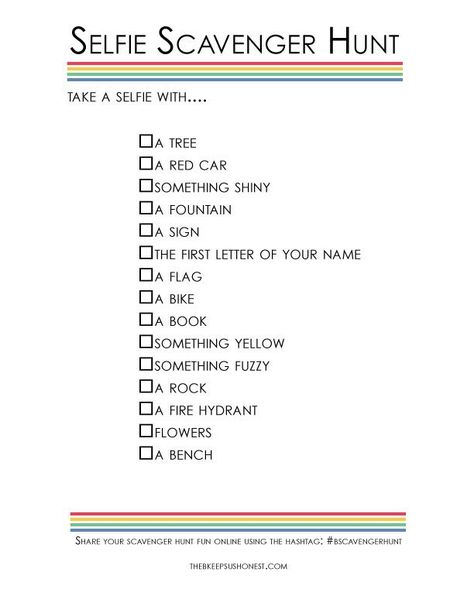 Selfie Scavenger Hunt Around Town – The B Keeps Us Honest Scavenger Hunt Around Town, Teen Scavenger Hunt, Selfie Scavenger Hunt, Picture Scavenger Hunts, Neighborhood Scavenger Hunt, Scavenger Hunt Riddles, Scavenger Hunt List, Adult Scavenger Hunt, Scavenger Hunt Birthday