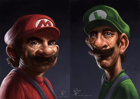 Mario & Luigi by Nuño Benito Mario Tattoo, Mario Y Luigi, Geek Movies, Frankenstein Art, Realistic Cartoons, Mario Luigi, Funny Caricatures, Super Mario Art, Military Pictures