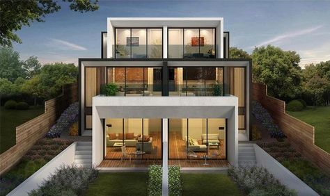 triple-storey-dual-occupancy-duplex Duplex Exterior, Duplex Ideas, Beach House Floor, Beach House Floor Plans, Dual Occupancy, Twin House, Narrow House Designs, Townhouse Exterior, Duplex Floor Plans