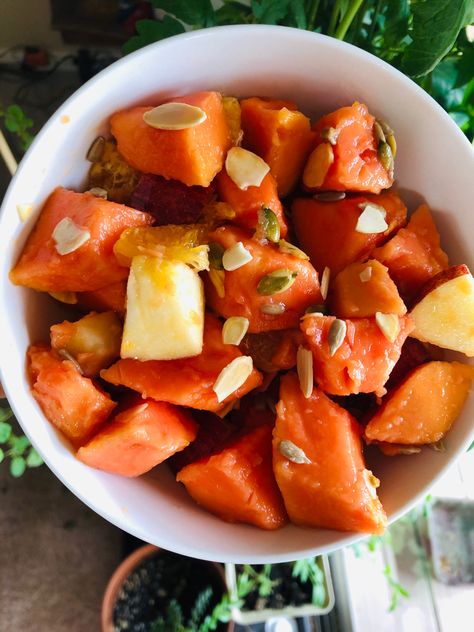 My recent obsession is the papaya. For this bowl, I added papaya along with an apple🍎, few mandarin oranges🍊, sunflower seeds, pumpkin seeds and sliced almonds with a drizzle of lime juice. The papaya has a soft texture while apple and seeds give it a crunchy feel and oranges together with lime juice provide a nice tangy taste. All in all, it is a perfect combo. Papaya Fruit Salad, Papaya Fruit, Mandarin Oranges, Papaya Fruits, Sliced Almonds, Sweet And Sour Pork, Sunflower Seeds, Pumpkin Seeds, Fruit Bowl